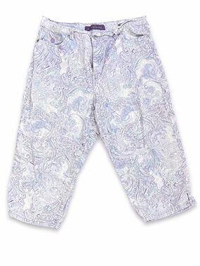 PLUS Size 14 | Paisley Capri Pants Pastel Lavender Blue White Stretch | Summer